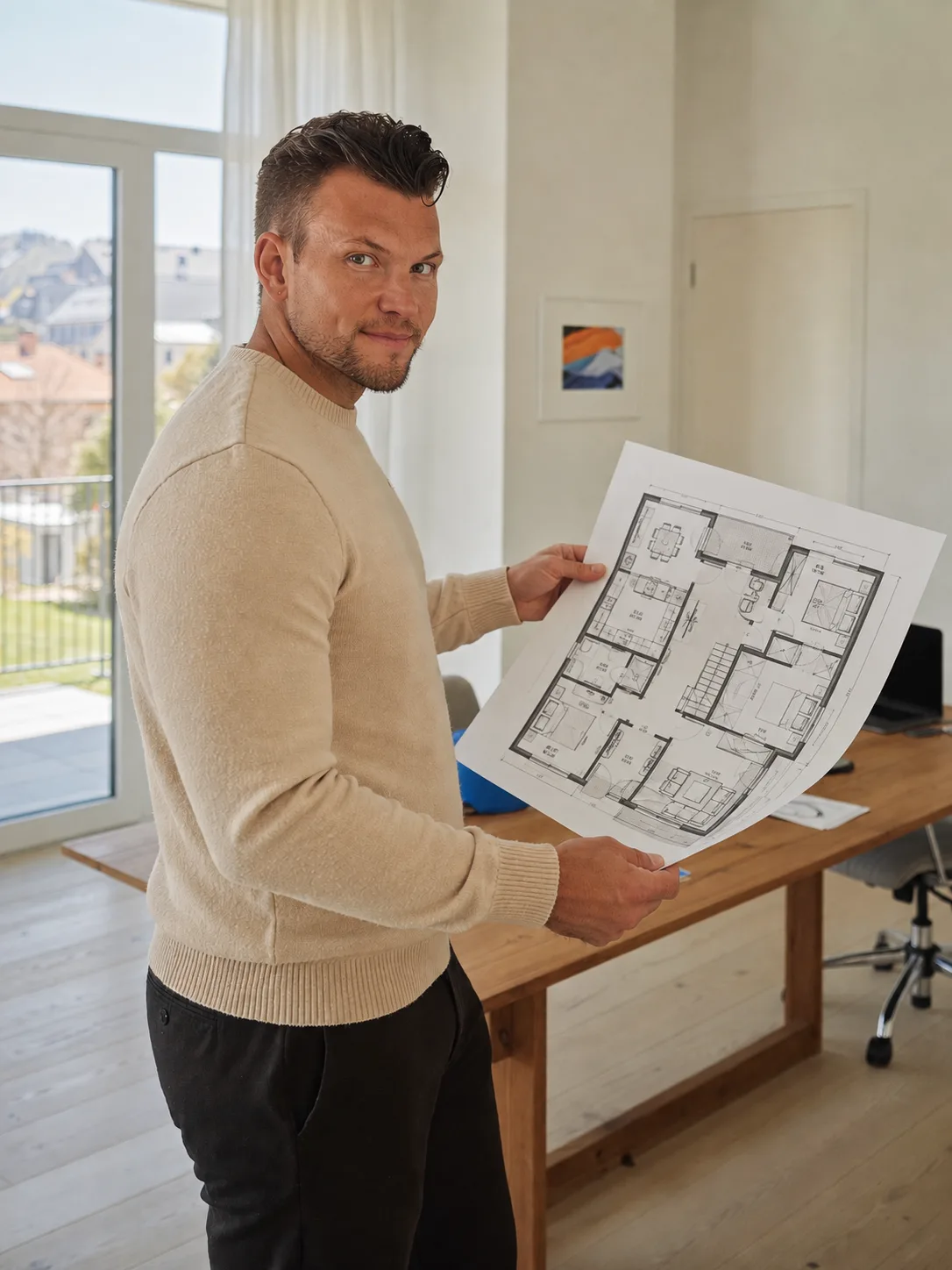 Fabian Wernet mit einem Grundriss bei der Projektplanung