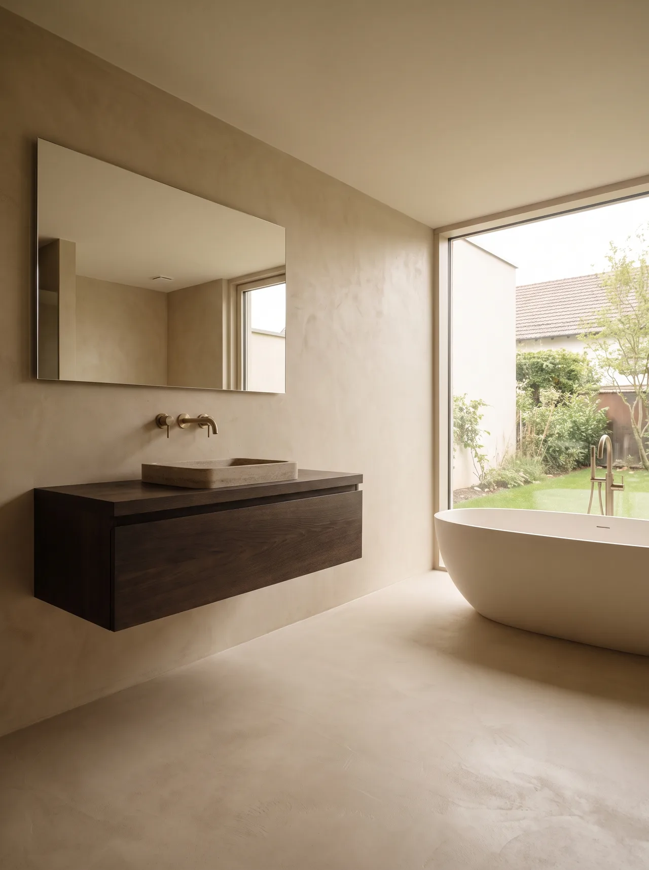 Badezimmer mit warmtoniger Mikrozement-Anmutung als Visualisierung