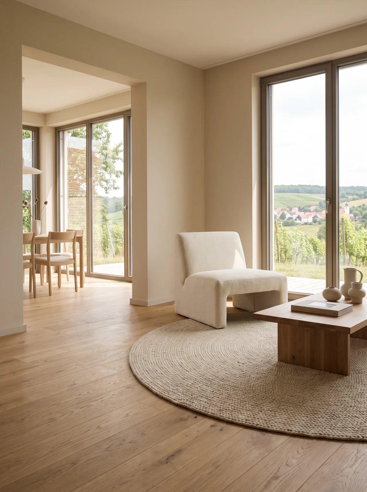 Holz, Textil und klare Geometrie als Visualisierung