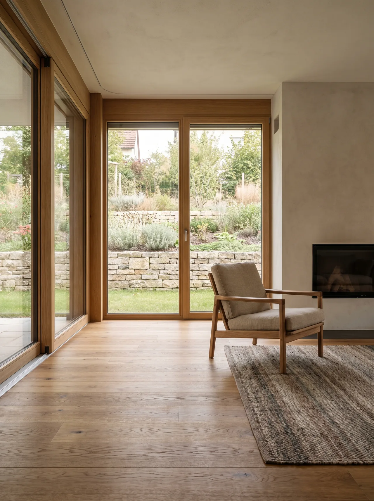 Detailreiche Holzfläche und Gartenblick als Visualisierung